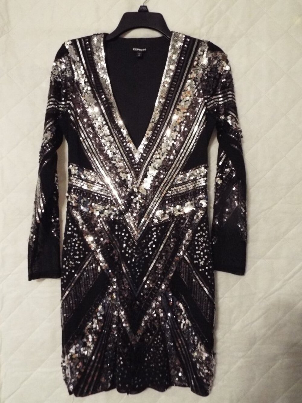 Express Black and Silver Sequin Dress with Mesh Sleeves Size Medium - Picture 2 of 7